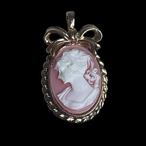 Pink Cameo Lady Silhouette Gold Tone Bow Pendant Only